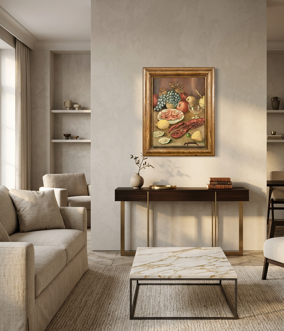 Bodegón con mariscos y frutas, detalle de ejecución