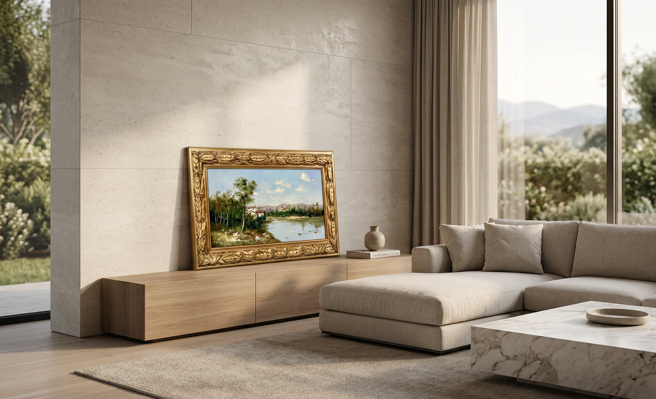 Paisaje con río y casas rurales · En decoración