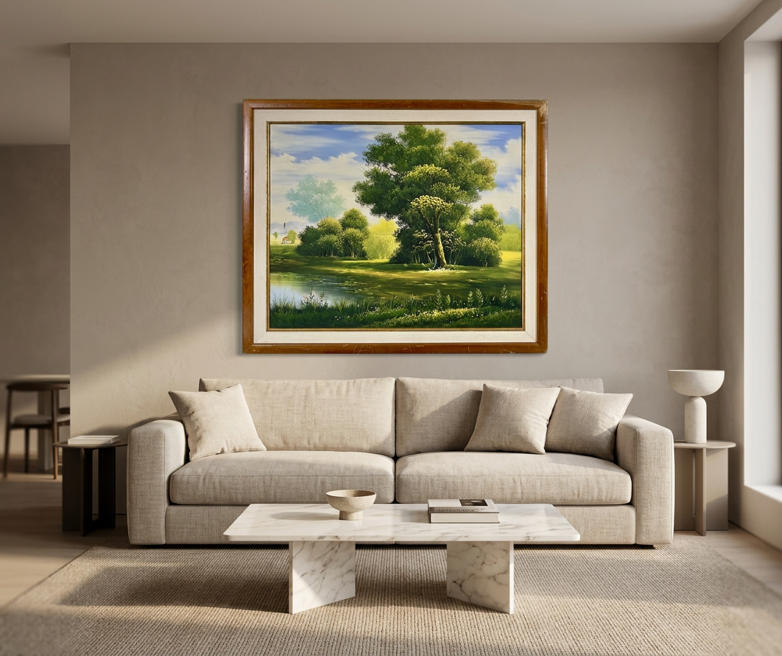 Paisaje con lago y árbol central, detalle de ejecución
