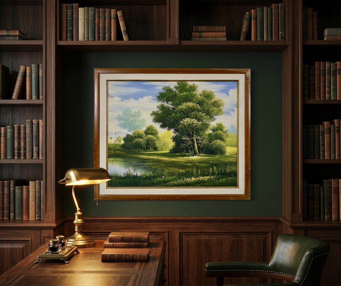 Paisaje con lago y árbol central · En otra decoración