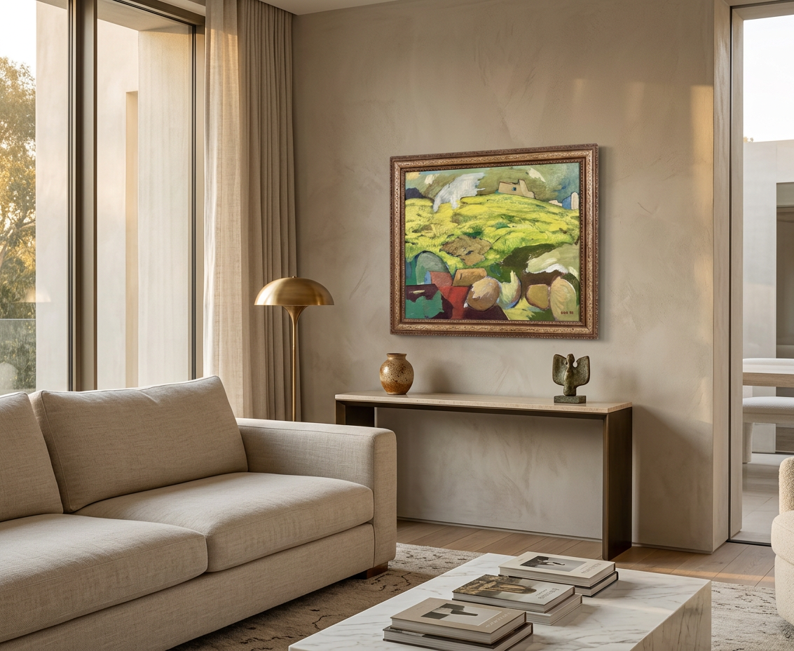 Paisaje con caserío y rocas · En decoración
