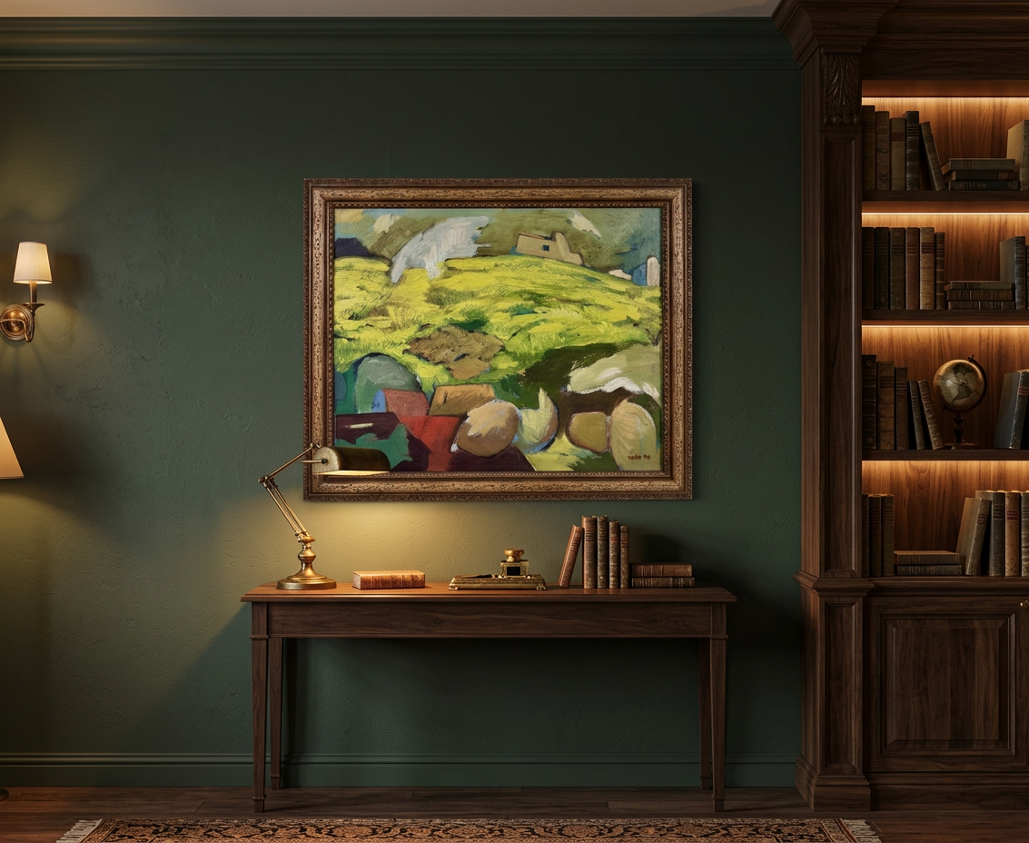 Paisaje con caserío y rocas · En otra decoración