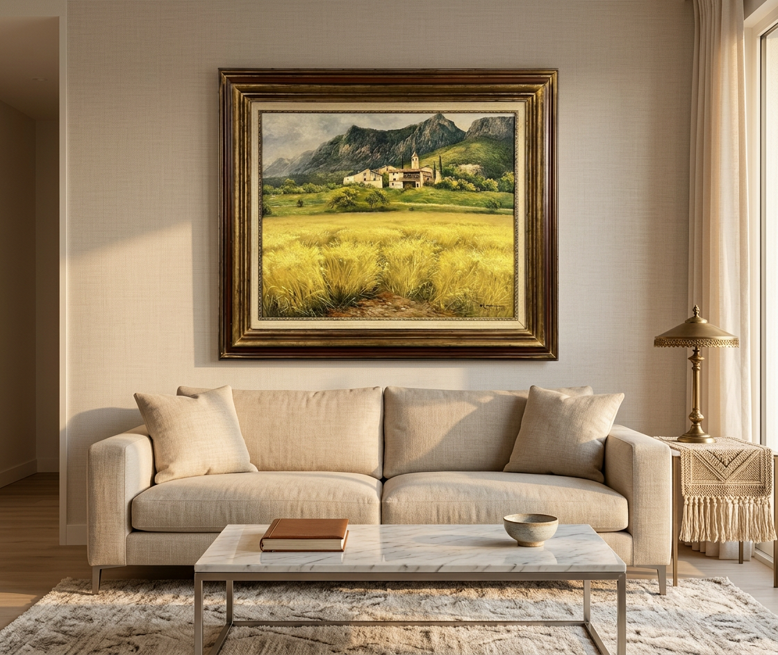 Paisaje de campo con caserío · En decoración