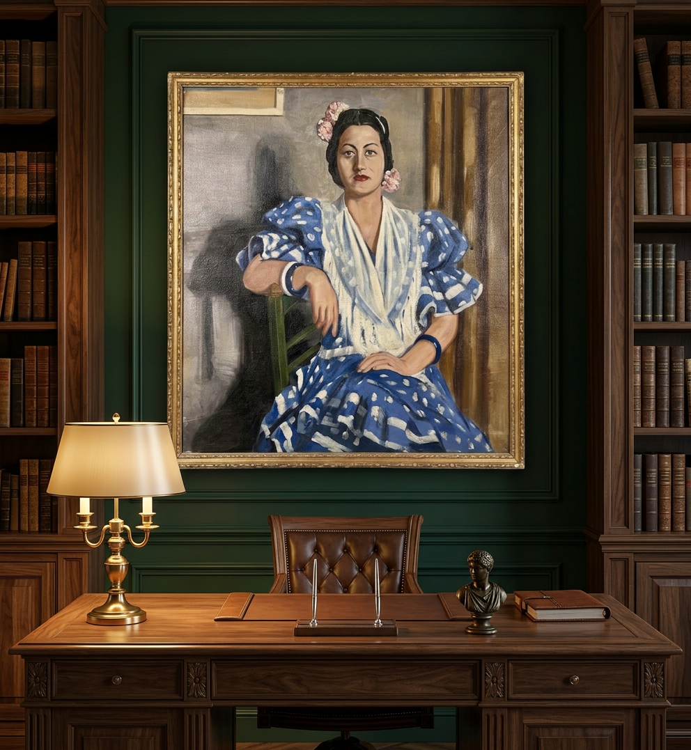 Mujer andaluza con vestido azul · En otra decoración