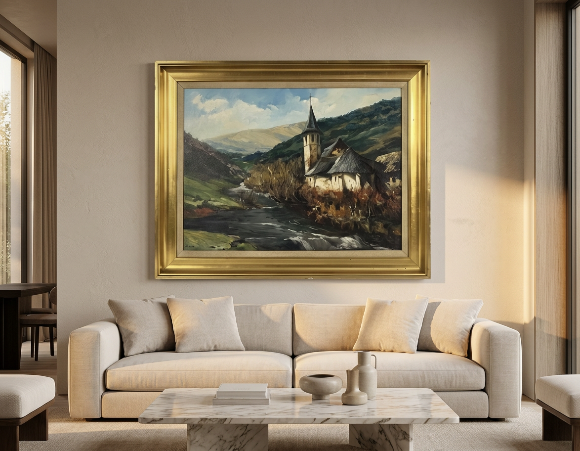 Paisaje de montaña con iglesia · En decoración