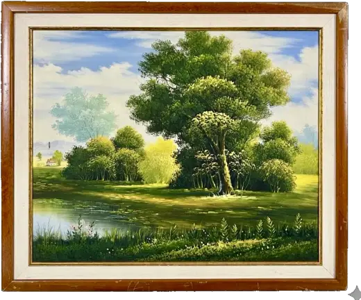 Paisaje con lago y árbol central en la galería