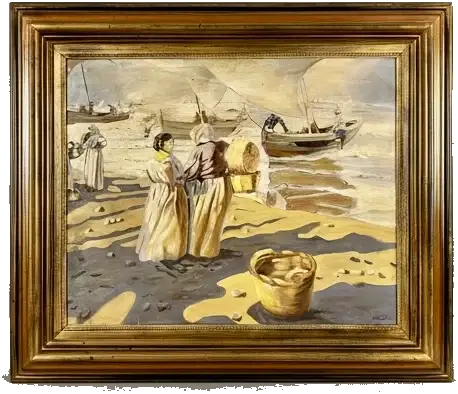 Pescadores y mujeres en playa en la galería